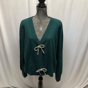 Express Teal Green Sweater Womens Size XXL Puff Sleeves Silver Bow Accents NEW